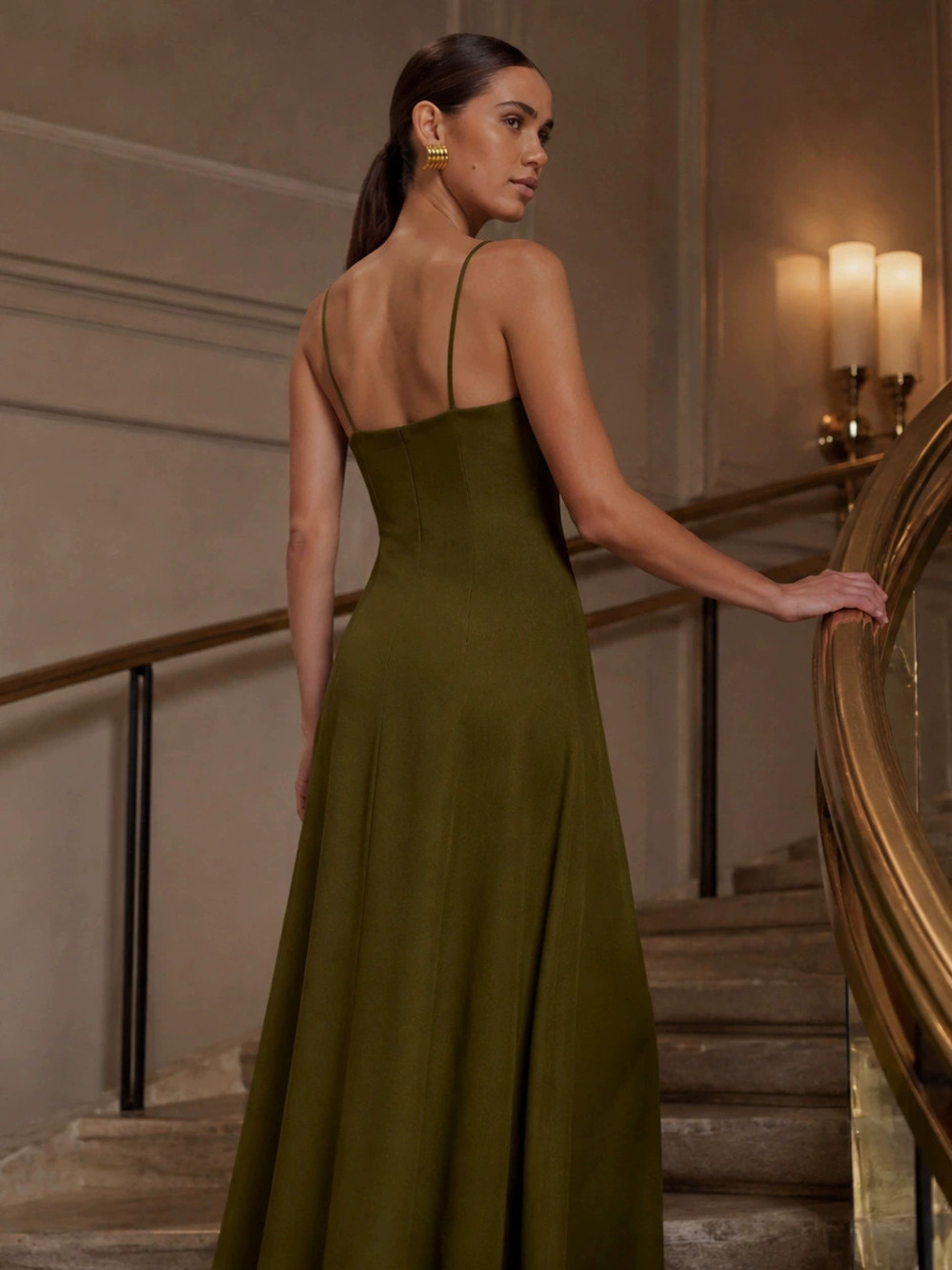 Zara Olive Green Spaghetti Strap Pleated Waist Maxi Dress - Picture 3 of 6